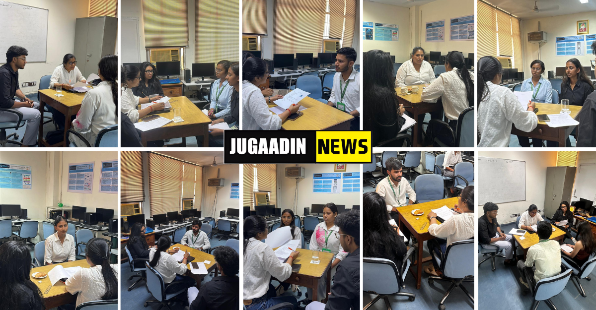 Collage of students participating in interview sessions inside a computer lab, with interviewers reviewing resumes and candidates answering questions across multiple scenes.