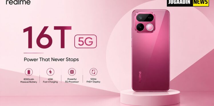 Realme 16T 5G minimalist design showing pink smartphone with 8000mAh battery, 45W fast charging and 120Hz display