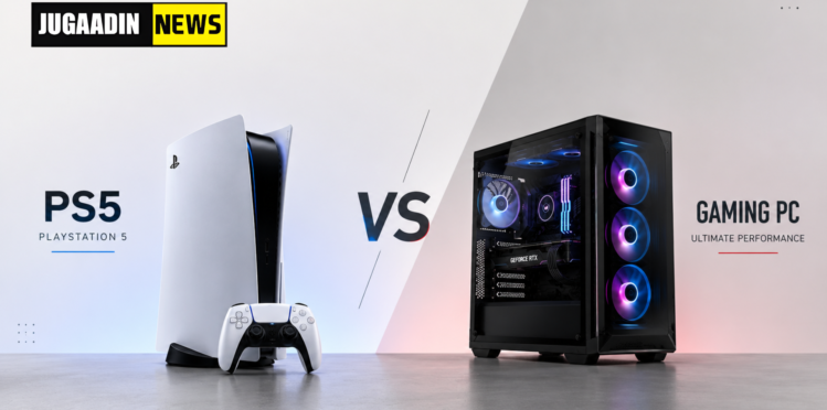 PS5 vs Gaming PC comparison showing PlayStation 5 console and high performance gaming PC setup side by side