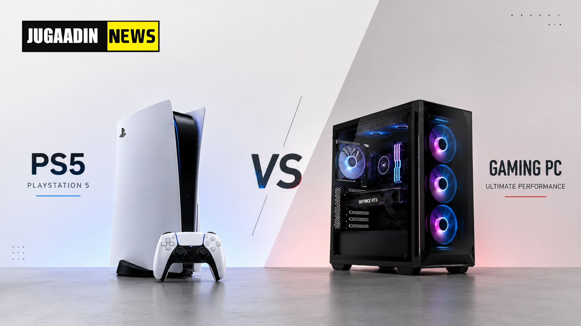 PS5 vs Gaming PC comparison showing PlayStation 5 console and high performance gaming PC setup side by side