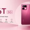 Realme 16T 5G minimalist design showing pink smartphone with 8000mAh battery, 45W fast charging and 120Hz display