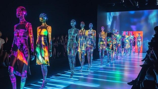 Futuristic digital fashion runway featuring holographic AI models and virtual garments during a high-tech fashion show with neon lighting and immersive visuals.