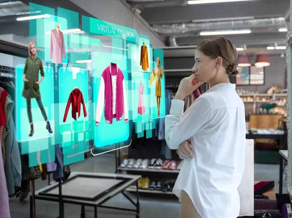 Woman exploring virtual fashion technology in a modern clothing store using an interactive digital display for AI-powered outfit selection and virtual shopping experience.