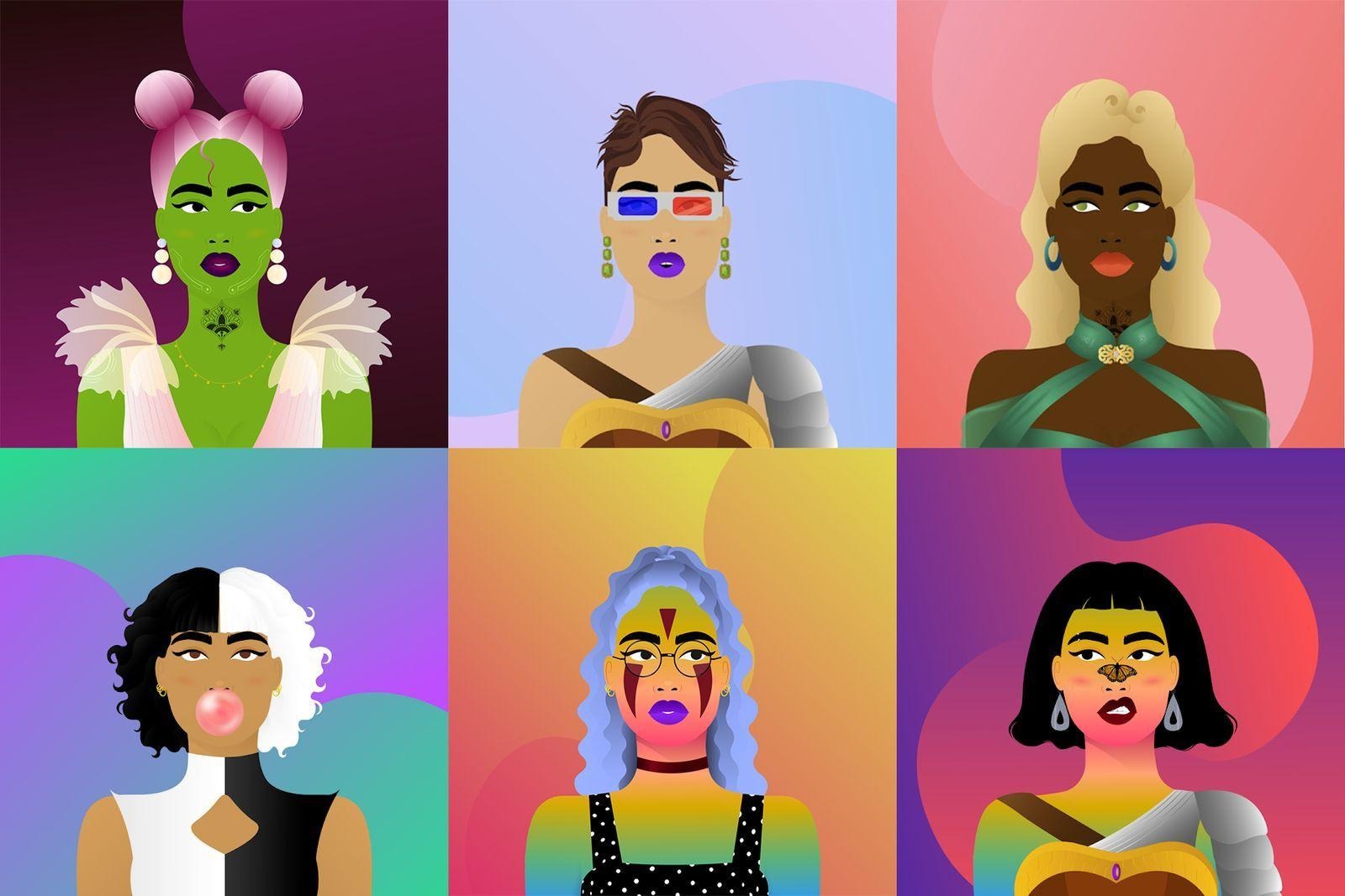 Colorful digital avatar collection featuring diverse animated fashion characters with unique hairstyles, makeup, and futuristic artistic styling.