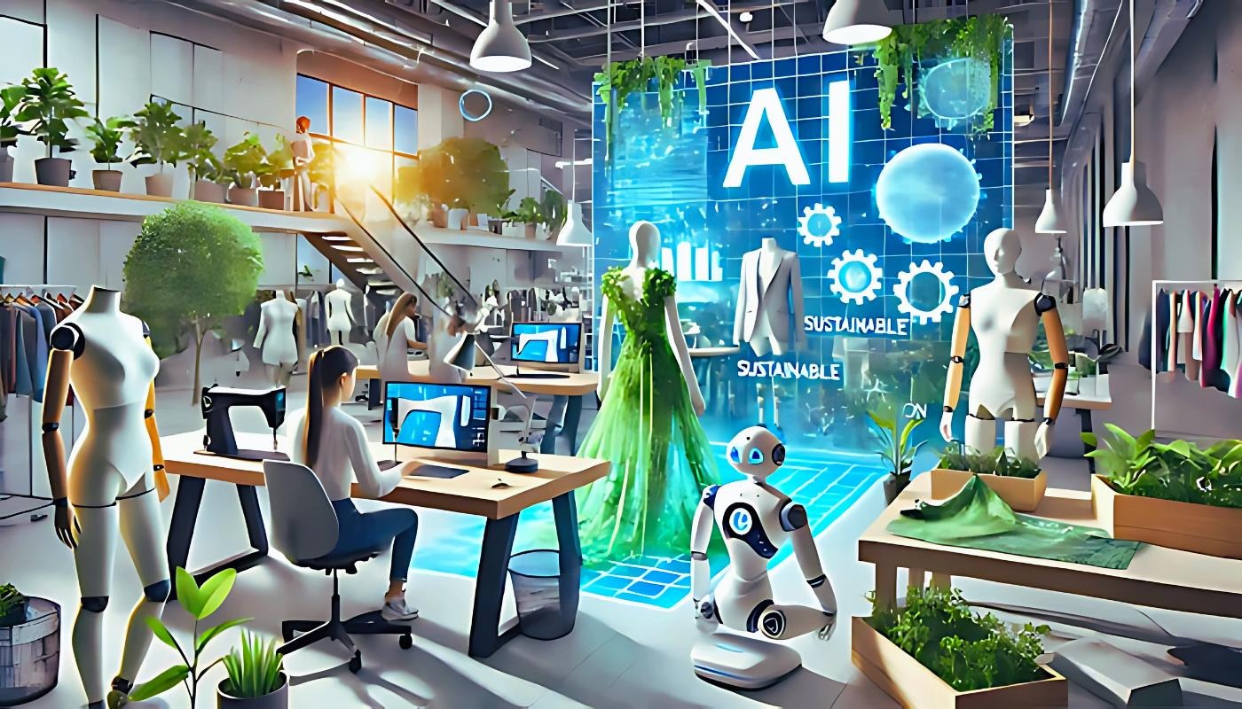 Futuristic AI-powered sustainable fashion studio featuring smart technology, robotic assistants, eco-friendly clothing design, and digital innovation in the fashion industry.