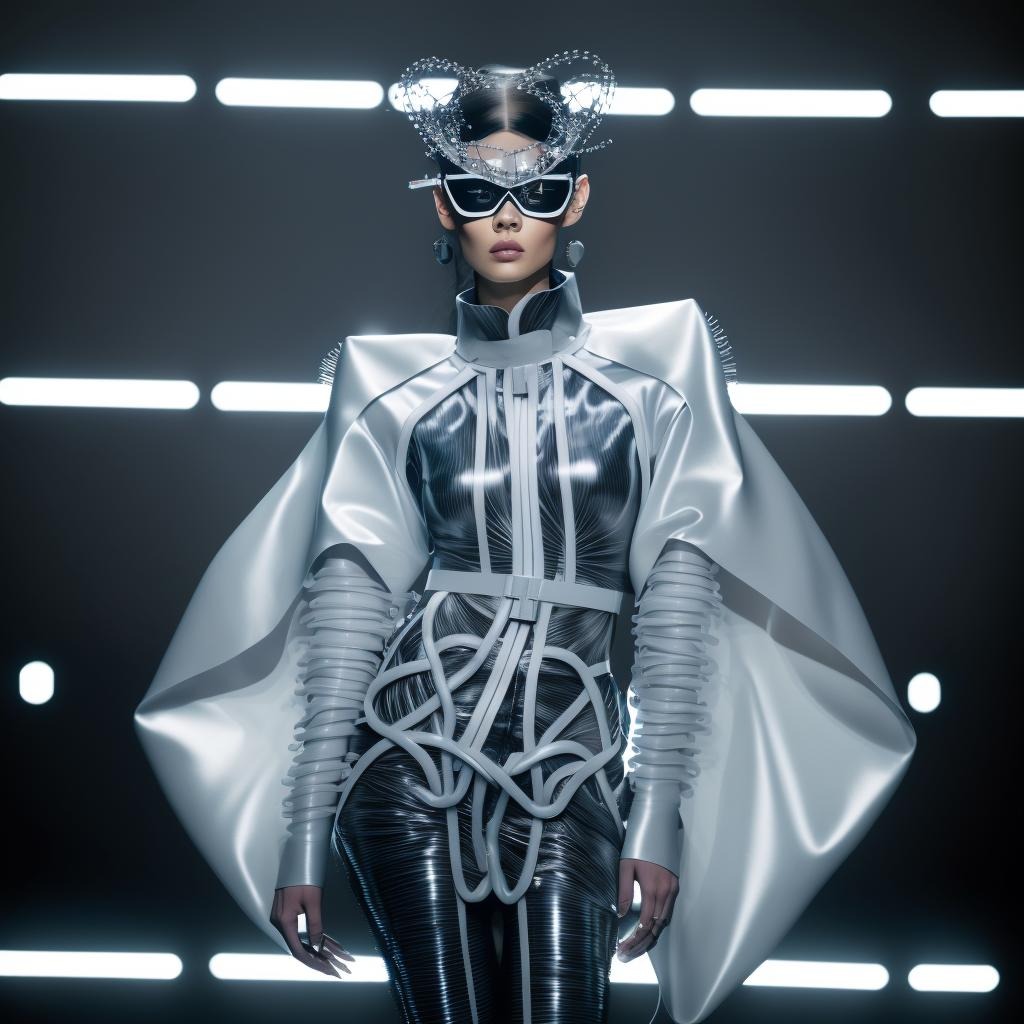 Futuristic fashion model wearing an avant-garde metallic outfit with high-tech accessories and cyber-inspired runway styling.