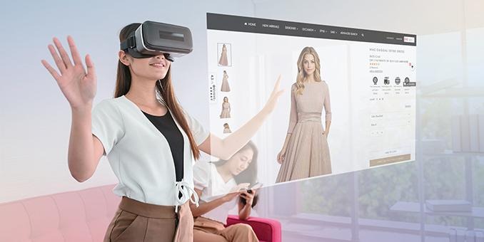 Woman using virtual reality technology for immersive online fashion shopping and digital outfit visualization experience.