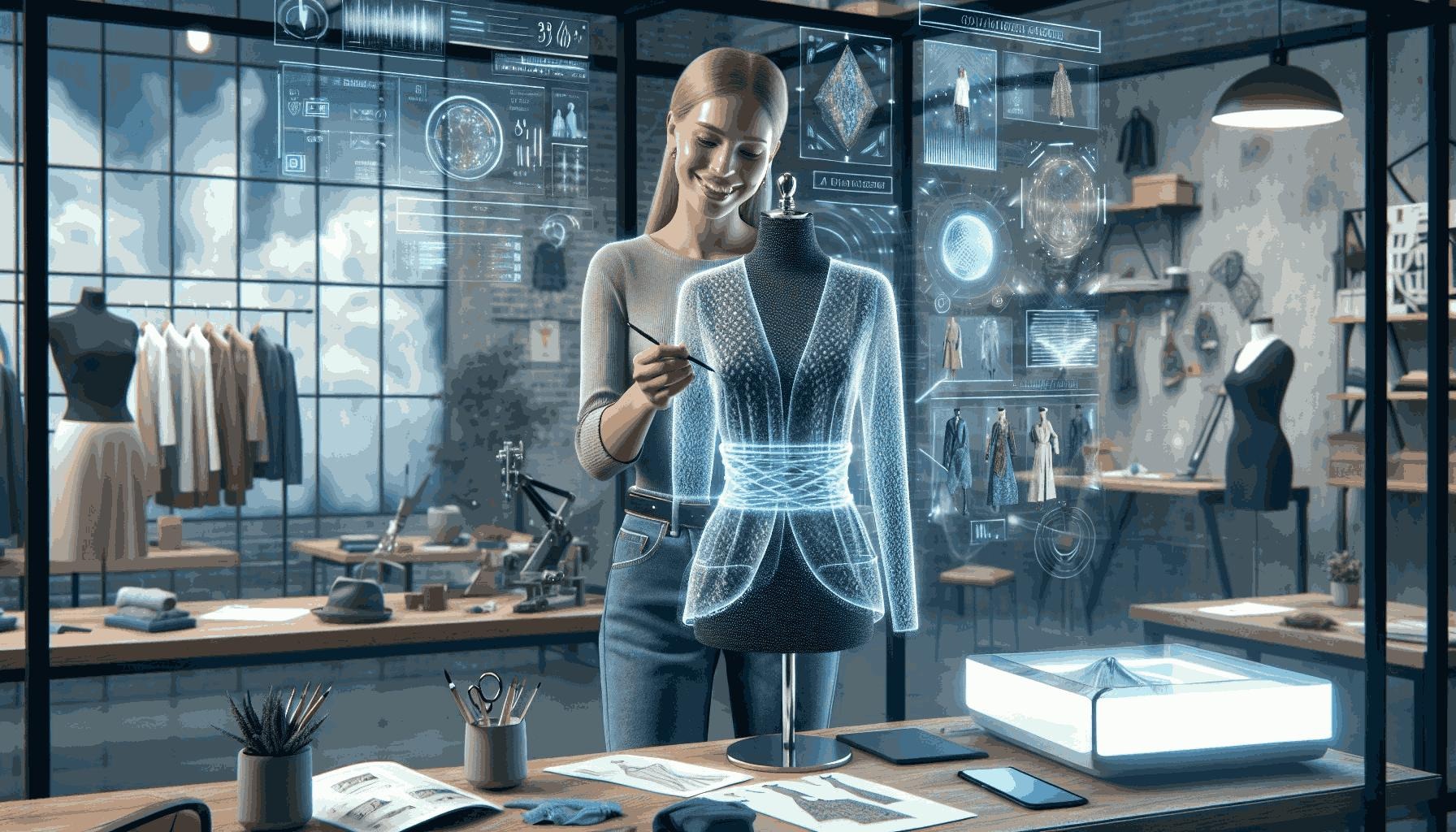 Fashion designer using AI-powered holographic technology to create and visualize futuristic clothing designs in a modern digital fashion studio.