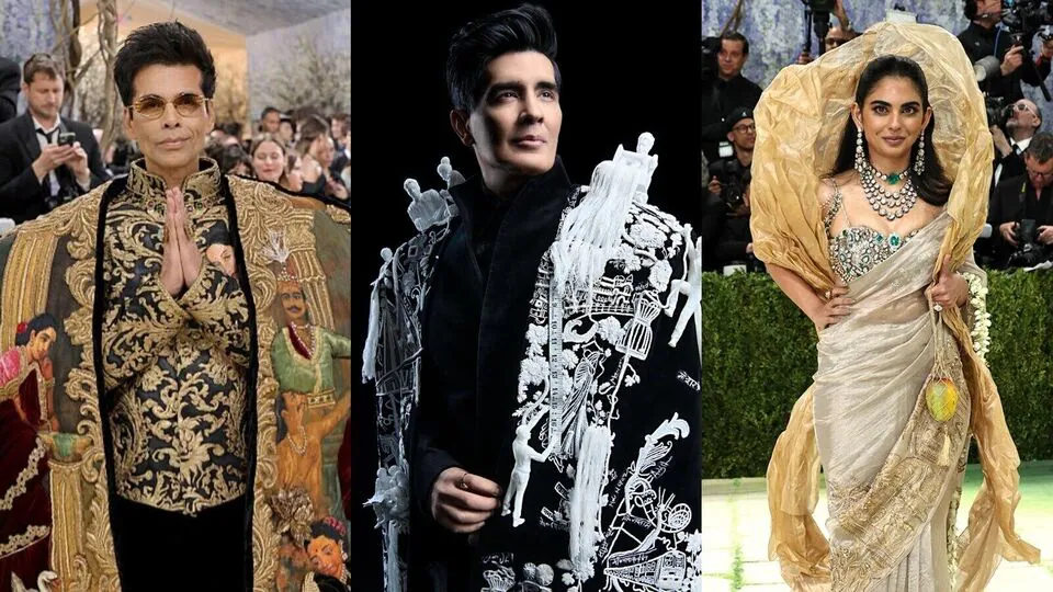 Collage featuring three celebrities in elaborate designer outfits at the Met Gala, including heavily embroidered black and gold ensembles and a traditional-inspired cream and gold look with statement jewellery on the red carpet.