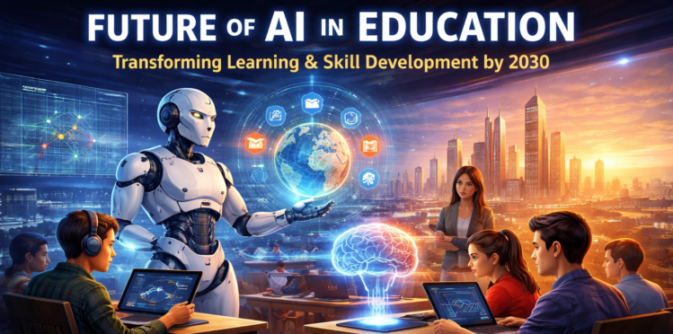 Future of AI in Education concept showing AI robot teaching students in a futuristic smart classroom with digital learning technology and skill development tools.