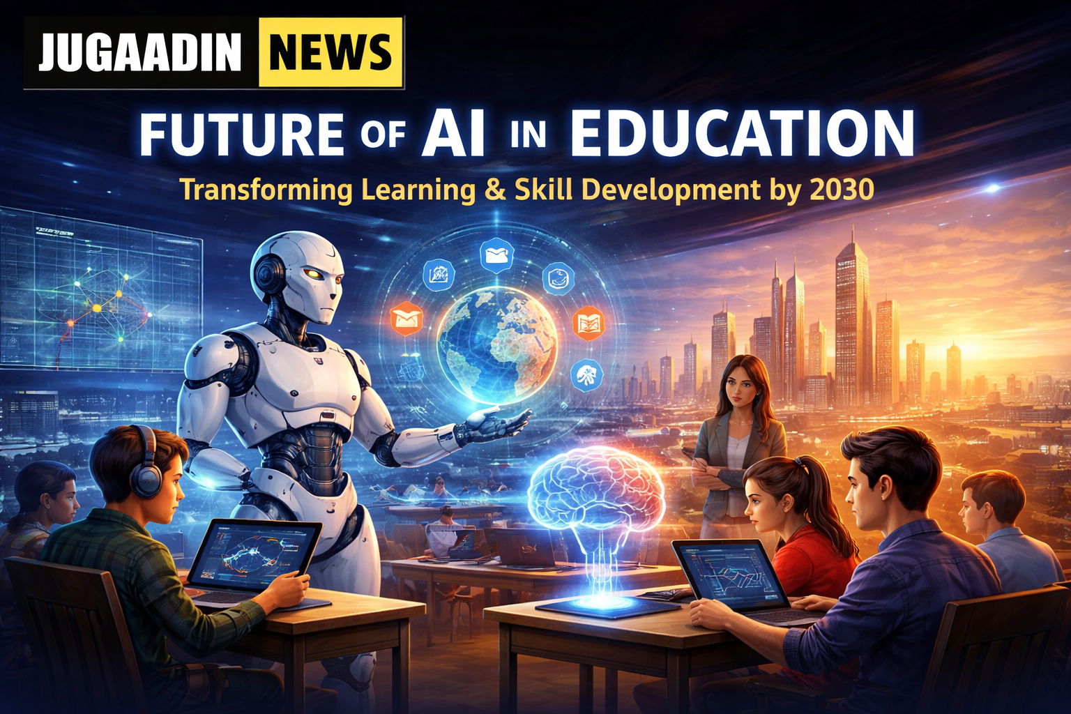 Future of AI in Education concept showing AI robot teaching students in a futuristic smart classroom with digital learning technology and skill development tools.