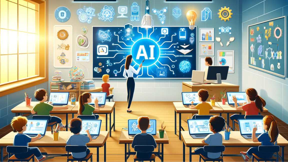 AI-powered classroom with students using digital tablets and a teacher explaining Artificial Intelligence on a smart interactive board.