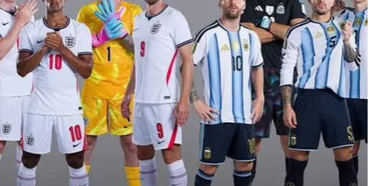 England and Argentina national football team players stand together in their official kits before an international football match, with goalkeepers and star players posing for a promotional photo.