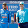 India and England ODI captains stand beside the series trophy before the opening One Day International match, posing for an official pre-match photograph at the stadium.