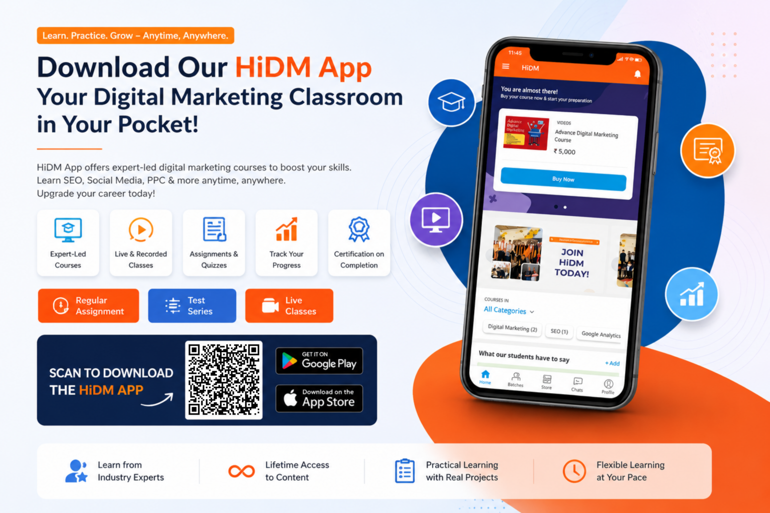 HiDM promotional banner for the HiDM App, highlighting online digital marketing courses with expert-led training, live and recorded classes, assignments and quizzes, progress tracking, certification, practical learning, and flexible access.