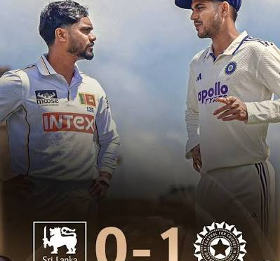 Two cricketers in India vs Sri Lanka Test series discussing the match, with 0-1 score displayed at the bottom