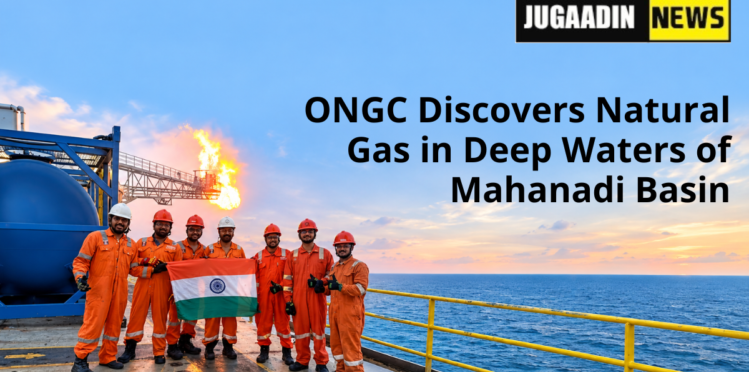 Offshore workers holding the Indian flag during an ONGC gas exploration operation in the Mahanadi Basin.
