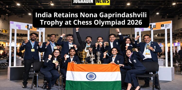Indian chess team celebrating with trophies and medals at Chess Olympiad 2026