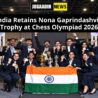 Indian chess team celebrating with trophies and medals at Chess Olympiad 2026