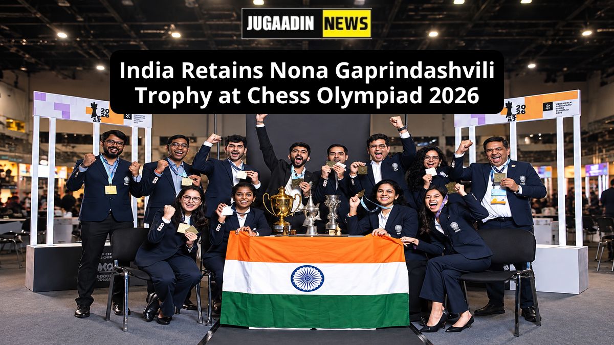 Indian chess team celebrating with trophies and medals at Chess Olympiad 2026