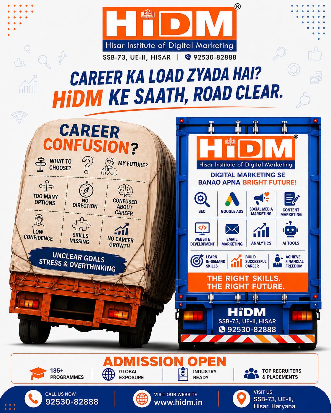 HiDM digital marketing career poster featuring a career confusion concept, digital marketing skills, admission open message, courses like SEO, Google Ads, SMM, content marketing, and contact details