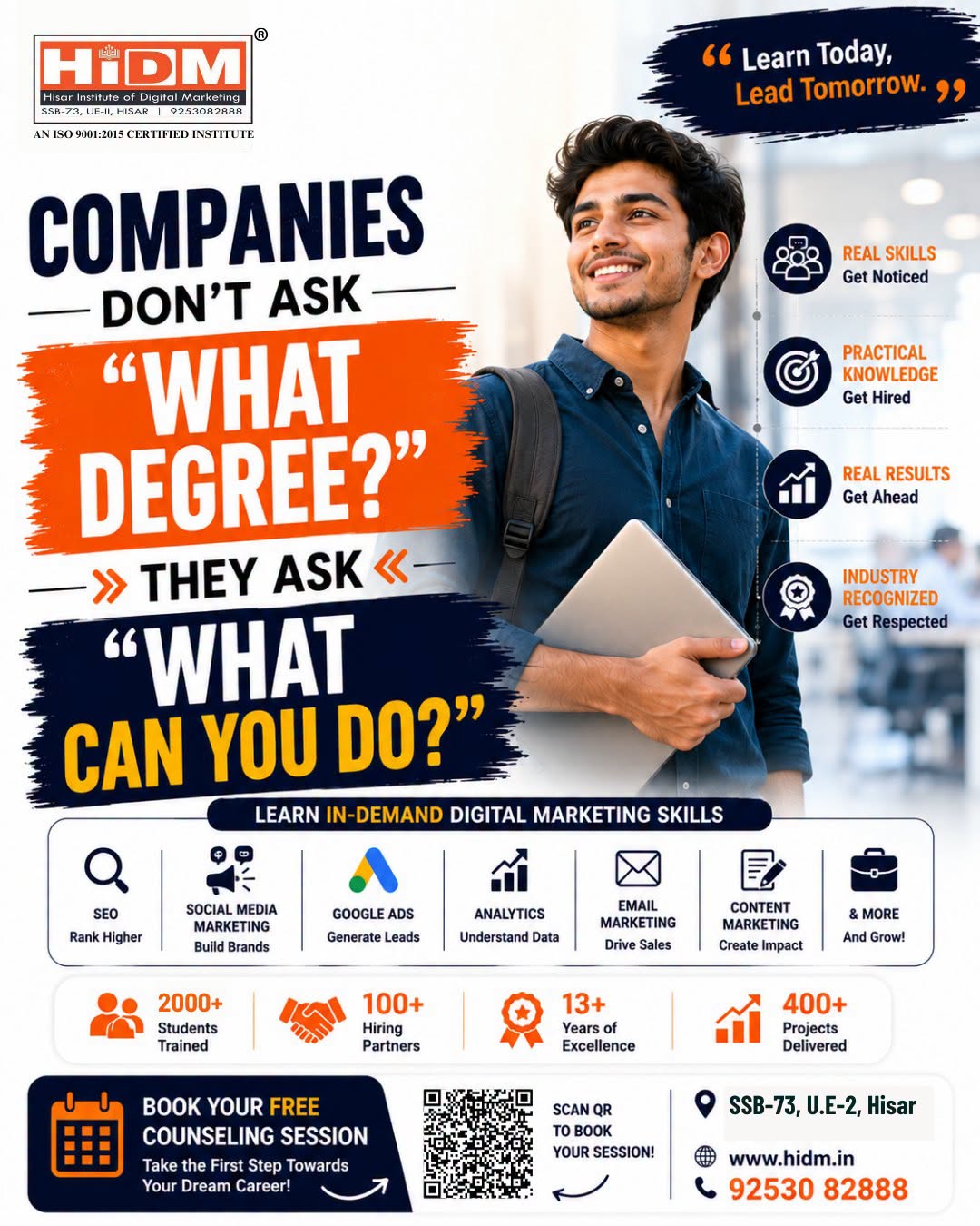 HiDM digital marketing course poster featuring a student with the message “Companies Don’t Ask What Degree? They Ask What Can You Do?”, highlighting SEO, social media marketing, Google Ads, analytics, email marketing, content marketing, and practical digital marketing skills.