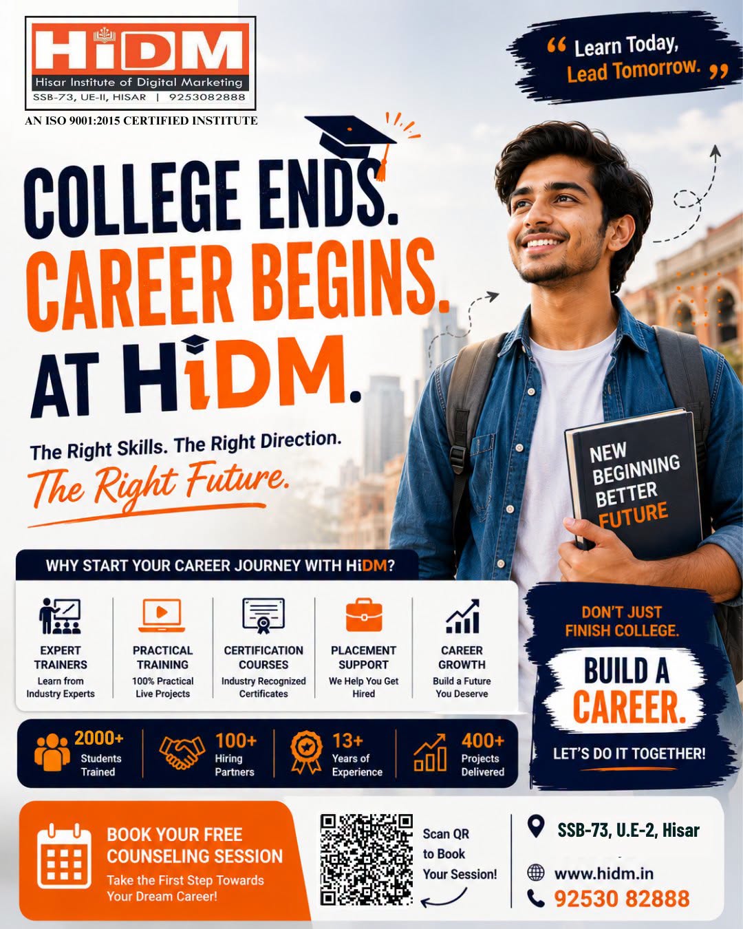 HiDM digital marketing course poster showing a college graduate starting a career with practical training, certification courses, placement support, and career growth opportunities.