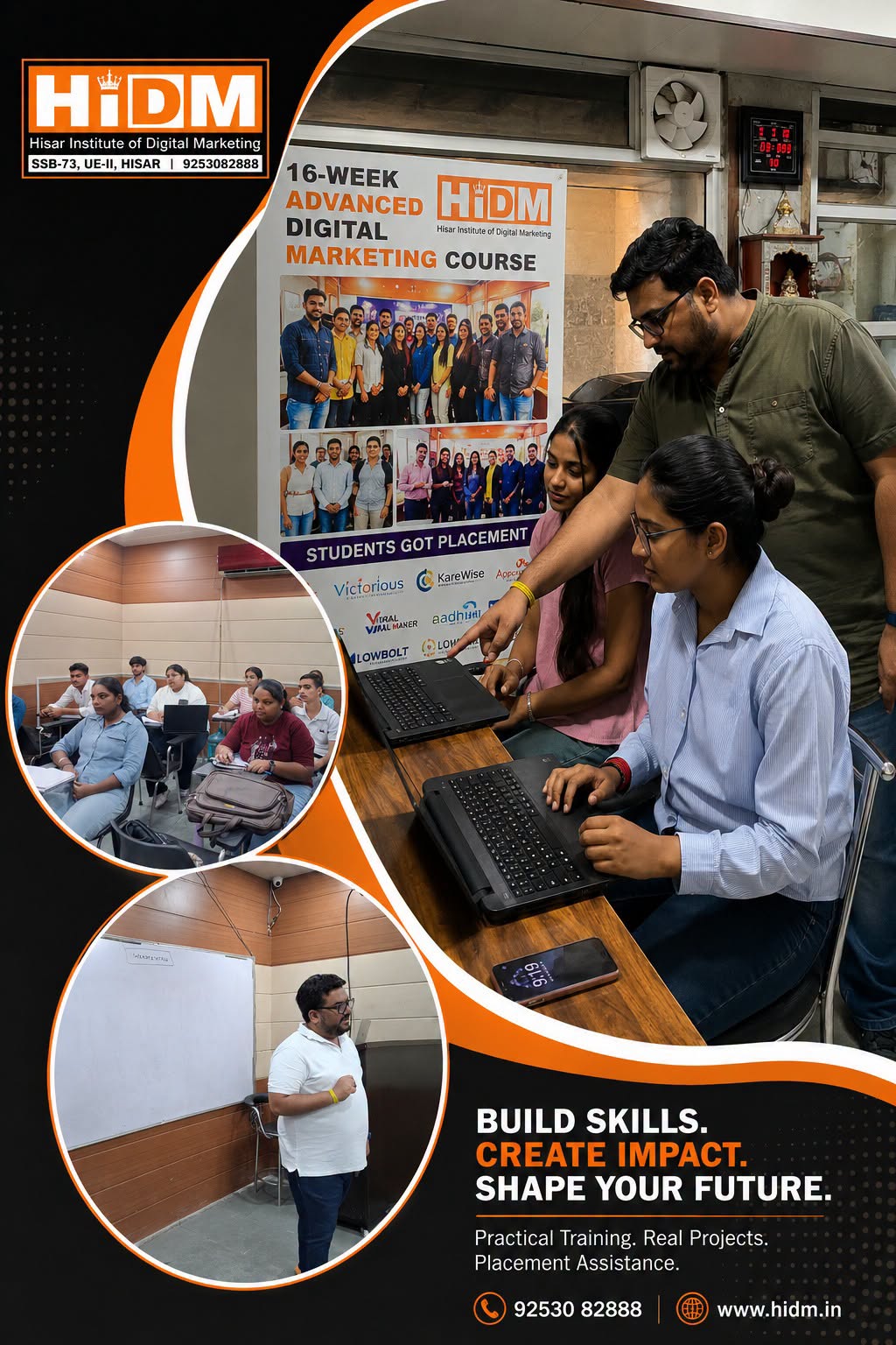 Facebook post from HIDM – Hisar Institute of Digital Marketing promoting a 16-week Advanced Digital Marketing Course. A collage shows students receiving training on computers, a classroom session, and an instructor teaching. Text highlights practical training, real projects, placement assistance, and the institute’s website and phone number.”