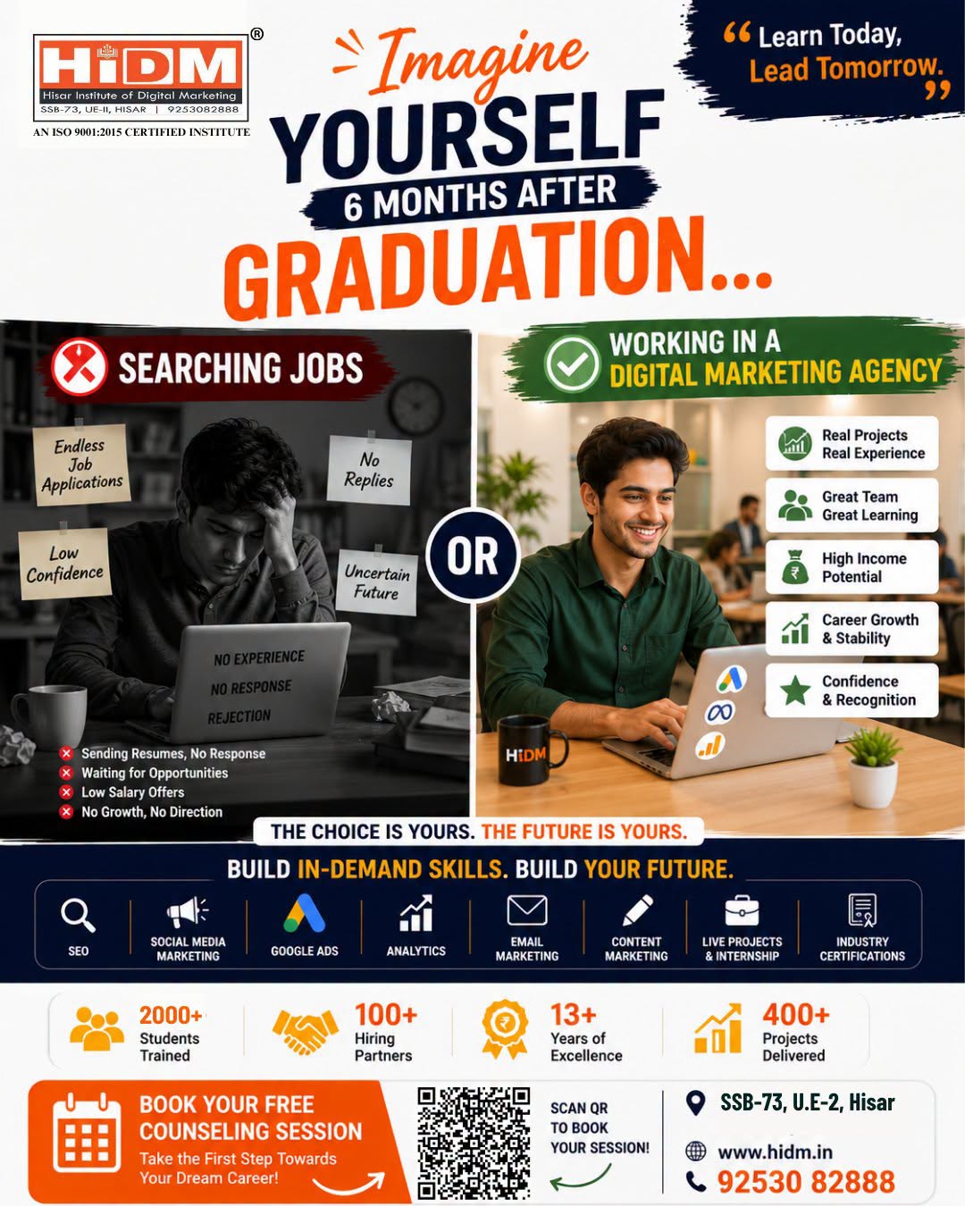 HiDM digital marketing poster showing career opportunities after graduation, comparing job searching with working in a digital marketing agency, highlighting real project experience, career growth, high-income potential, and in-demand skills including SEO, social media marketing, Google Ads, analytics, email marketing, content marketing, and live projects.