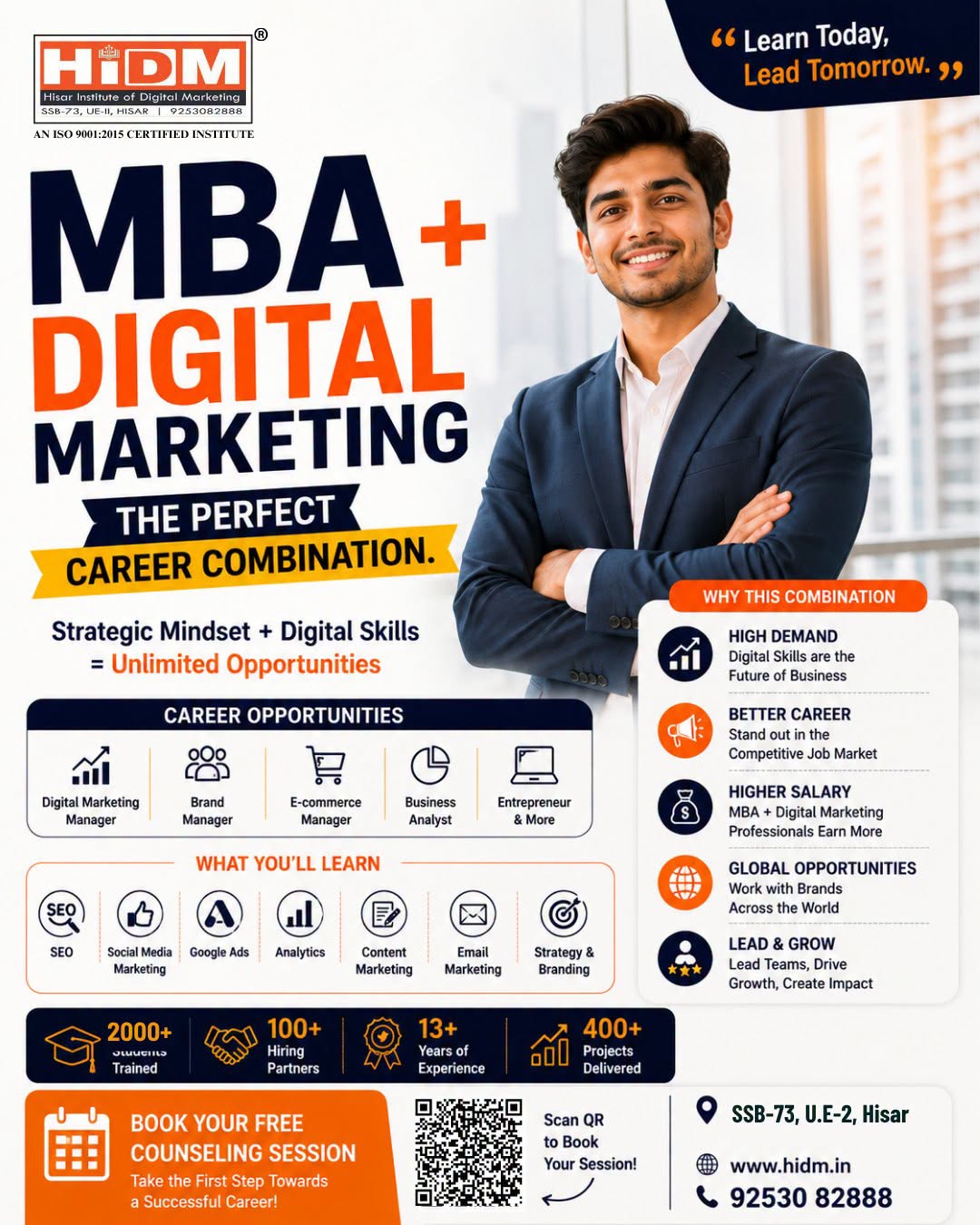 HiDM promotional poster featuring “MBA + Digital Marketing – The Perfect Career Combination,” highlighting career opportunities, digital marketing skills, higher salary potential, global opportunities, leadership and growth, and a free career counselling session.