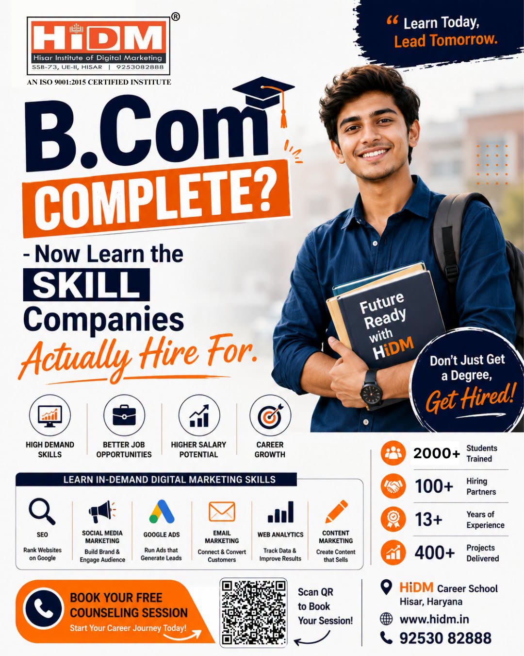 HiDM promotional poster for B.Com graduates encouraging them to learn in-demand digital marketing skills for better job opportunities, higher salary potential, and career growth. The poster highlights SEO, social media marketing, Google Ads, email marketing, analytics, and content marketing, along with practical training, live projects, certification, and placement support.