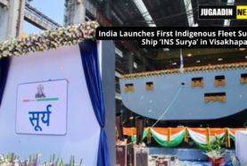 India’s first indigenous Fleet Support Ship INS Surya during its launch ceremony at Hindustan Shipyard Limited in Visakhapatnam