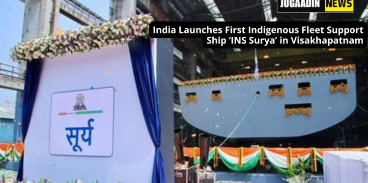 India’s first indigenous Fleet Support Ship INS Surya during its launch ceremony at Hindustan Shipyard Limited in Visakhapatnam