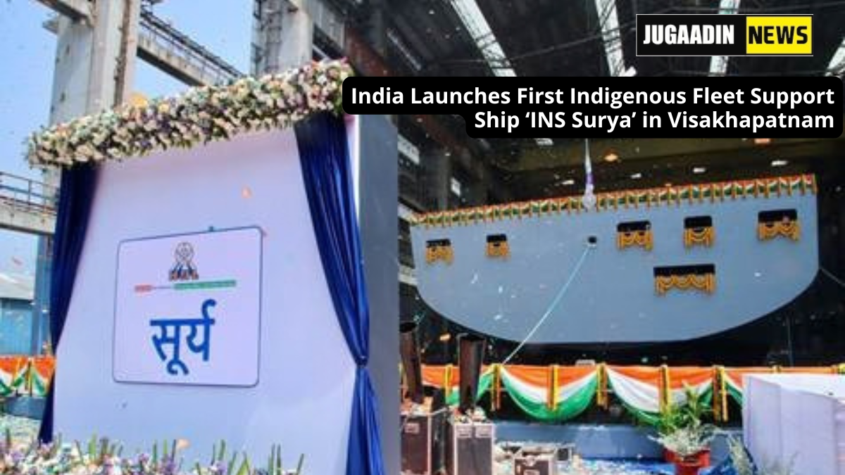 India’s first indigenous Fleet Support Ship INS Surya during its launch ceremony at Hindustan Shipyard Limited in Visakhapatnam
