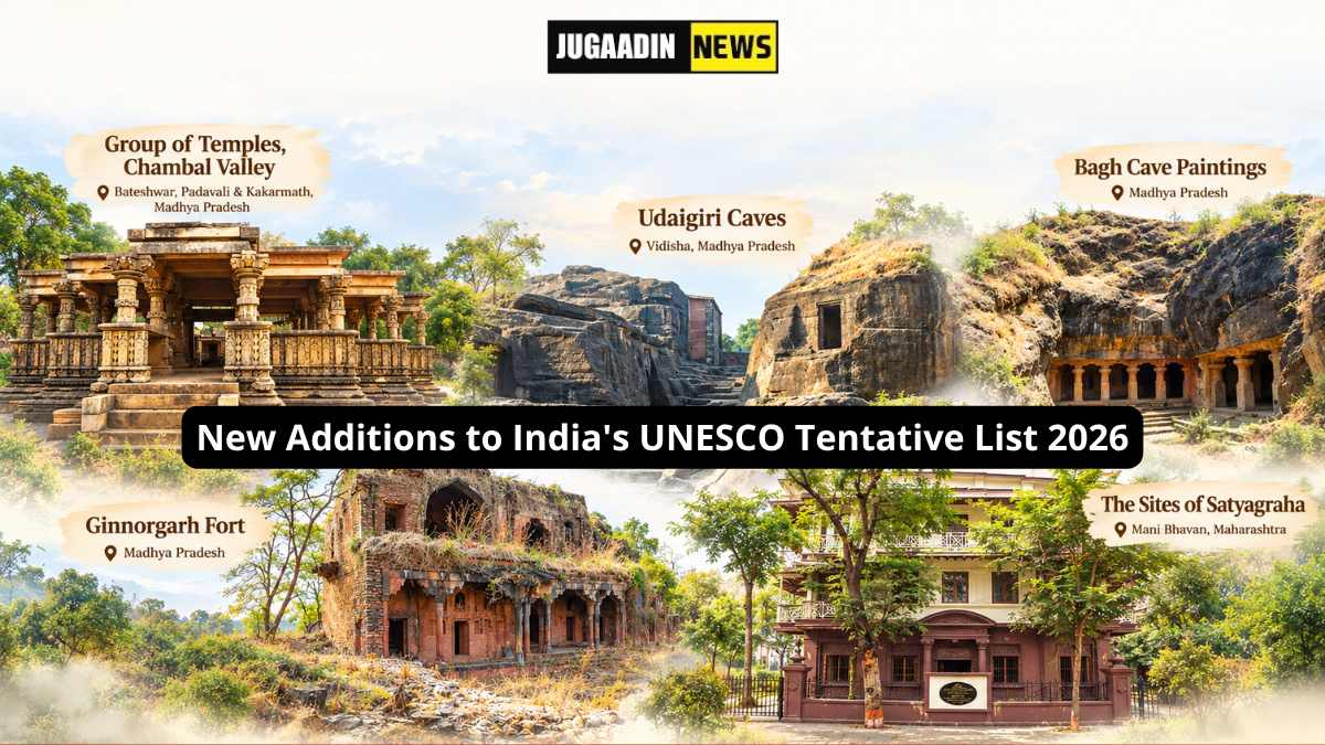 Five Indian heritage sites added to UNESCO Tentative List 2026, including Chambal Valley temples, Udaigiri Caves, Bagh Cave Paintings, Ginnorgarh Fort and Sites of Satyagraha