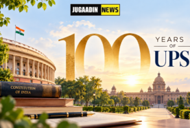 UPSC 100 years commemorative image featuring Parliament, Rashtrapati Bhavan, Indian flag and a golden 100-year milestone