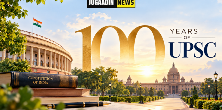 UPSC 100 years commemorative image featuring Parliament, Rashtrapati Bhavan, Indian flag and a golden 100-year milestone