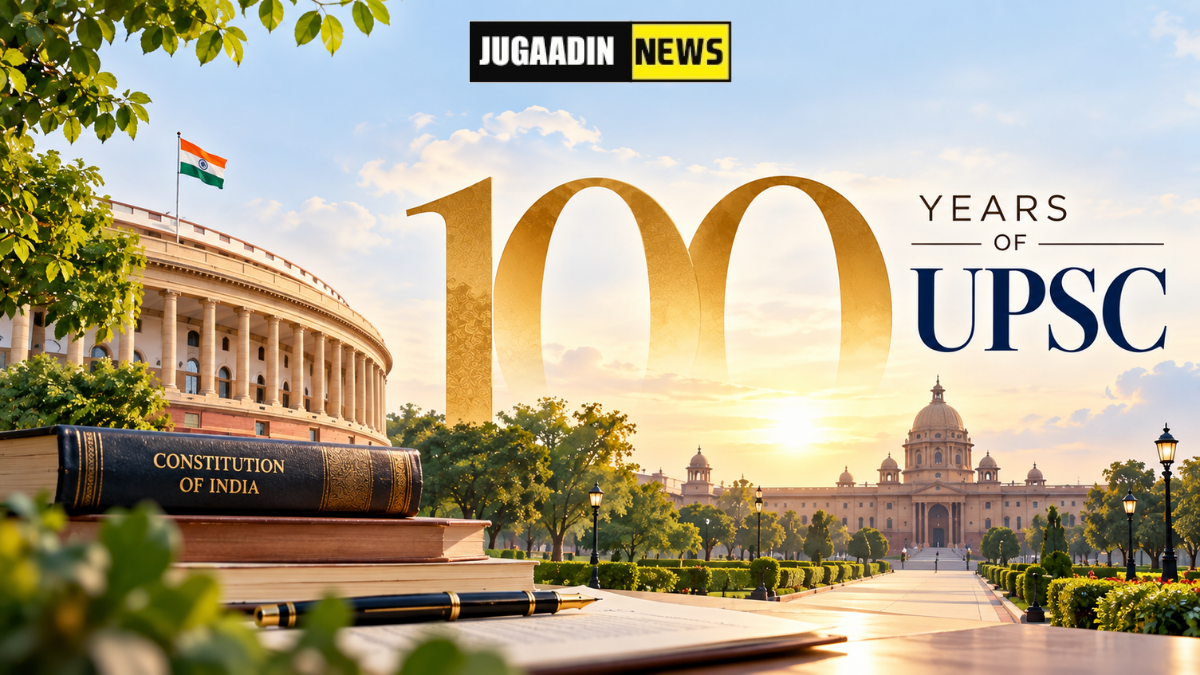 UPSC 100 years commemorative image featuring Parliament, Rashtrapati Bhavan, Indian flag and a golden 100-year milestone
