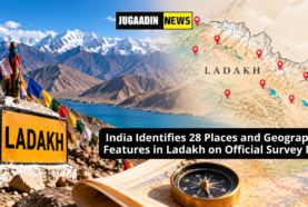 Ladakh landscape with mountains, map markers and geographical features identified on official Survey of India maps