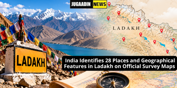 Ladakh landscape with mountains, map markers and geographical features identified on official Survey of India maps