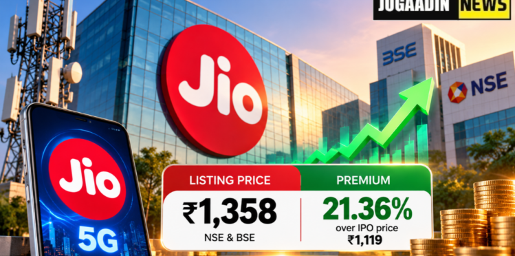 Jio Platforms IPO listing at ₹1,358 with a 21.36% premium over the issue price of ₹1,119, featured on Jugaadin News.